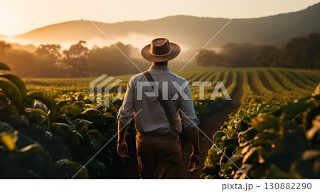 back view of man in hat walking by agricultural field, farmer walk by farm with fresh plants, person inspecting farming 130882290