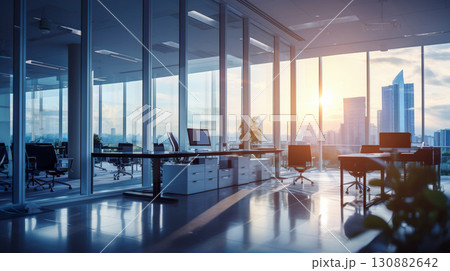 bright and clean modern office interior with panoramic windows, contemporary furniture and stylish design 130882642