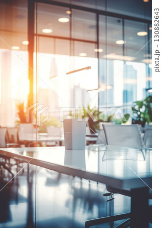 bright and clean modern office interior with panoramic windows, contemporary furniture and stylish design 130882643