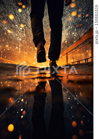 closeup shot of person standing in puddle after rain, reflection of night with stars and sky light, romantic abstract concept 130882816