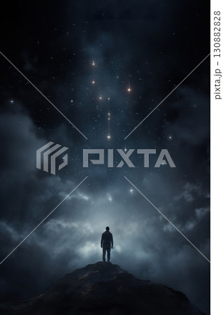 person standing in mountains at night sky background with stars, freedom and exploration concept 130882828