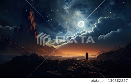 person exploring far worlds with planets and moons, universe discovery concept, fantasy and science fiction 130882837