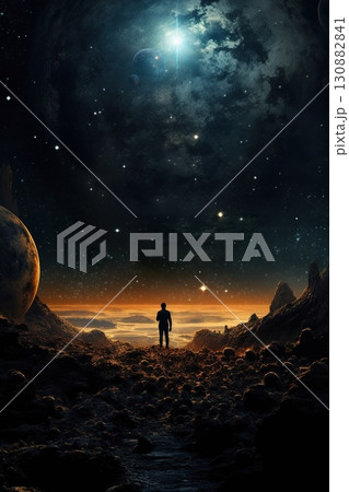person exploring far worlds with planets and moons, universe discovery concept, fantasy and science fiction 130882841
