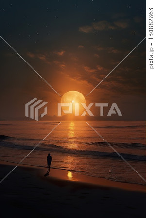 silhouette of person walking by beach at ocean at sunset 130882863