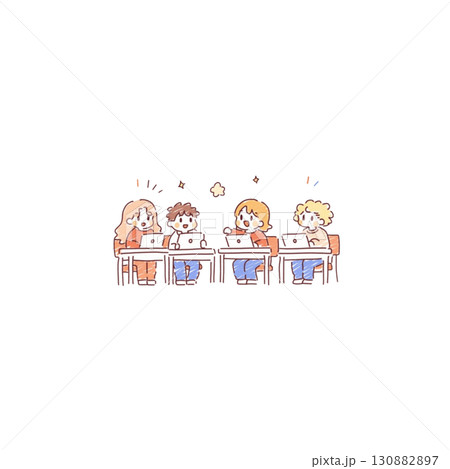 楽しそうにおしゃべりするクラスメイトのイラスト、素材、背景なし、資料作り 130882897
