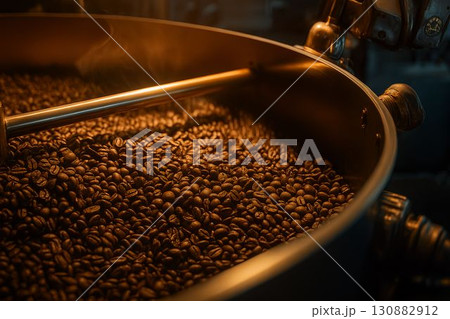 Dark roasted coffee beans being processed in a large industrial roaster in a warm workspace environment 130882912