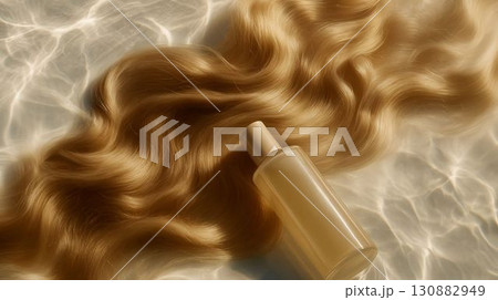 Flowing golden hair strands elegantly cascade over a shimmering water surface beside a sleek bottle of hair care product, creating a serene and luxurious beauty scene 130882949