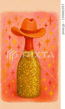 Colorful illustration of a sparkling gold bottle adorned with a cowboy hat against a vibrant pink background filled with stars, creating a festive and playful atmosphere 130882957