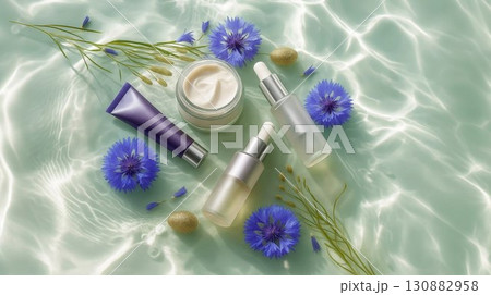 Skincare products including cream, serum, and lotion arranged artistically on water surface with blue flowers and green leaves, creating a refreshing and tranquil beauty scene 130882958