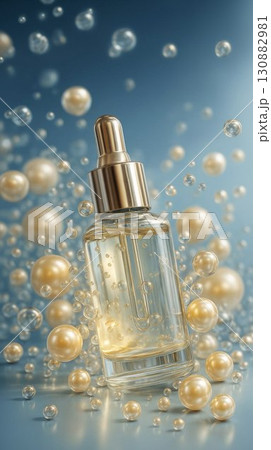 Glass dropper bottle filled with golden serum surrounded by shimmering pearls and bubbles, creating an elegant and luxurious beauty product display with a soft blue background 130882981