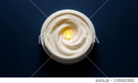 Creamy moisturizer in a round container with a swirling texture and a glowing center, set against a dark blue background, showcasing skincare product design and luxury appeal 130882982