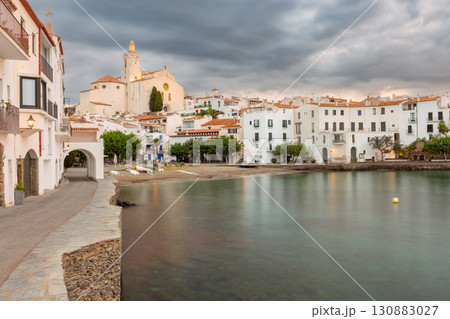 Seafront and Santa Maria Church in Cadaques, Spain 130883027