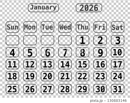 Black Line Art 2026 Calendar template with No Background, January 2026 130883146