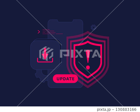 Mobile app security update with warning shield icon and app download button highlighting patch installation to fix vulnerabilities, protect users and block dangerous applications vector illustration Mobile app security update with warning shield icon and app download button highlighting patch installation to fix vulnerabilities, protect users and block dangerous applications vector illustration 130883166
