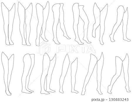 女性レッグモデル輪郭イラスト集2-09斜め前右1。下半身の様々なポーズの輪郭イラストのセット。 女性レッグモデル輪郭イラスト集2-09斜め前右1。下半身の様々なポーズの輪郭イラストのセット。 130883243