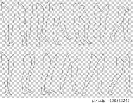女性レッグモデル輪郭イラスト集2-09斜め前右1。下半身の様々なポーズの輪郭イラストのセット。 女性レッグモデル輪郭イラスト集2-09斜め前右1。下半身の様々なポーズの輪郭イラストのセット。 130883243