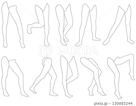 女性レッグモデル輪郭イラスト集2-10斜め前右2。下半身の様々なポーズの輪郭イラストのセット。 女性レッグモデル輪郭イラスト集2-10斜め前右2。下半身の様々なポーズの輪郭イラストのセット。 130883244