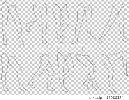 女性レッグモデル輪郭イラスト集2-10斜め前右2。下半身の様々なポーズの輪郭イラストのセット。 女性レッグモデル輪郭イラスト集2-10斜め前右2。下半身の様々なポーズの輪郭イラストのセット。 130883244