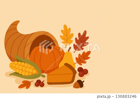 Thanksgiving cornucopia with pumpkin, corn, pie, pear, leaves and berries in flat style Thanksgiving cornucopia with pumpkin, corn, pie, pear, leaves and berries in flat style 130883246
