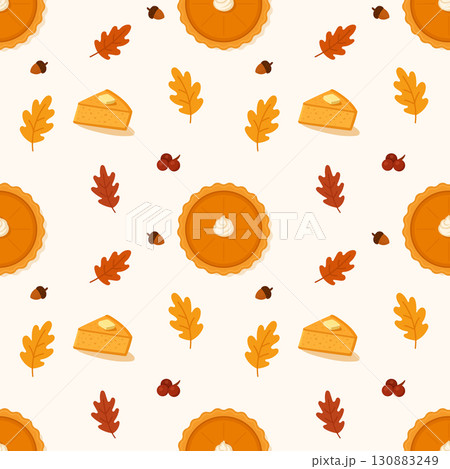 Pumpkin pie and autumn leaves seamless pattern for Thanksgiving celebration in flat vector style Pumpkin pie and autumn leaves seamless pattern for Thanksgiving celebration in flat vector style 130883249