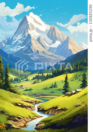 illustration of idyllic summer landscape with river, forest and mountains, beautiful nature scenery 130883290