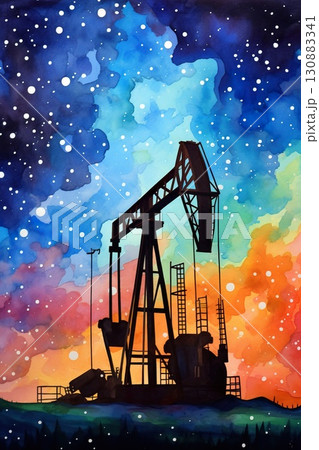 silhouette of industrial oil pump at sunset, fuel rig derrick, energy and power supply concept 130883341