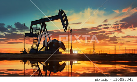 silhouette of industrial oil pump at sunset, fuel rig derrick, energy and power supply concept 130883343