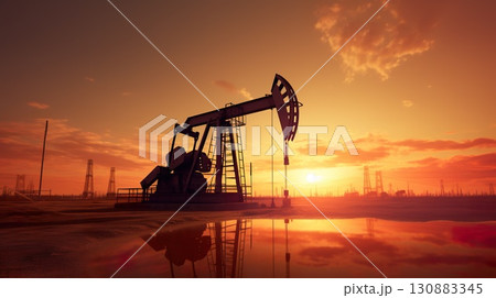 silhouette of industrial oil pump at sunset, fuel rig derrick, energy and power supply concept 130883345