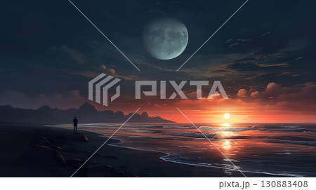 silhouette of person walking by beach at ocean at sunset 130883408