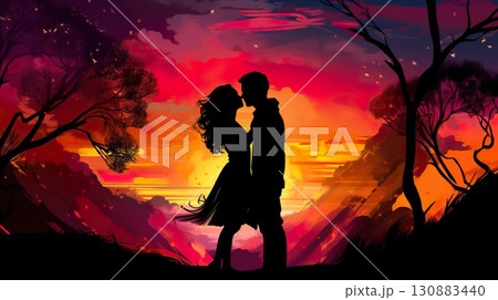 romantic couple of man and woman kissing and hugging at sunset illustration, romance silhouette 130883440