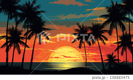 sunset at exotic tropical beach with palm trees and sea, colorful illustration in style of purple and orange nature sunset at exotic tropical beach with palm trees and sea, colorful illustration in style of purple and orange nature 130883475