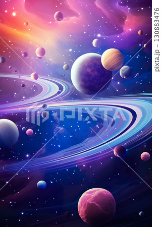 colorful illustration of cosmos with planets, stars and nebulas, in style of purple and blue, cartoon astronomy concept, swirl patterns colorful illustration of cosmos with planets, stars and nebulas, in style of purple and blue, cartoon astronomy concept, swirl patterns 130883476
