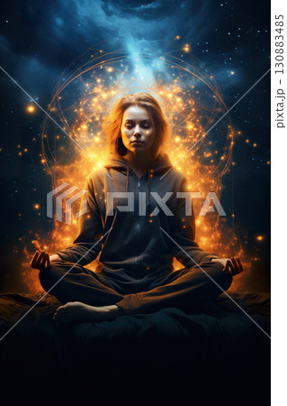 peaceful female meditating and practice yoga in lotus pose, in style of fantasy peaceful female meditating and practice yoga in lotus pose, in style of fantasy 130883485