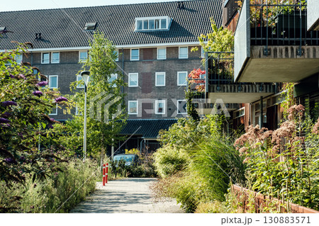 Urban pathway surrounded by lush greenery and modern architecture in a vibrant residential area Urban pathway surrounded by lush greenery and modern architecture in a vibrant residential area 130883571