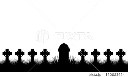 白背景に草と十字の墓石のデザインイラスト 130883624
