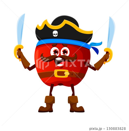 Cartoon red apple pirate and corsair character. Isolated vector fruit personage wear tricorn hat and sabers, radiating fruity swashbuckling spirit, sails the orchard seas in search of juicy treasures 130883828