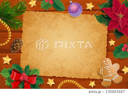 Christmas scroll paper and decorations, holiday xmas parchment. Vector festive background with blank old paper on wooden surface surrounded by fir branches, holly leaves, bow, poinsettia, golden stars 130883887