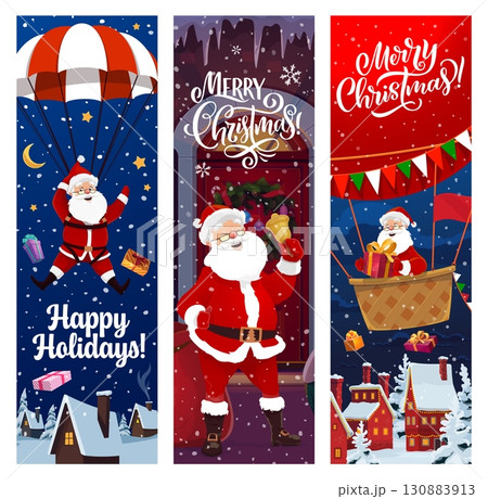 Christmas banner, Santa on parachute with gifts for winter holiday, cartoon vector. Merry Christmas greeting banners, Santa on hot air balloon over night village town throwing New Year gifts 130883913