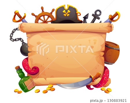 Vintage scroll parchment with pirate hat, sabres, ship anchor and steering wheel, rum bottle, golden coins, barrel and octopus tentacles. Blank cartoon vector template for invitations or treasure maps Vintage scroll parchment with pirate hat, sabres, ship anchor and steering wheel, rum bottle, golden coins, barrel and octopus tentacles. Blank cartoon vector template for invitations or treasure maps 130883921