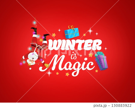 Christmas quote, Santa tangled in Christmas lights with gifts, vector greeting card for winter holiday. Christmas quote winter is magic with happy Santa stuck in garland for New Year greeting card 130883922