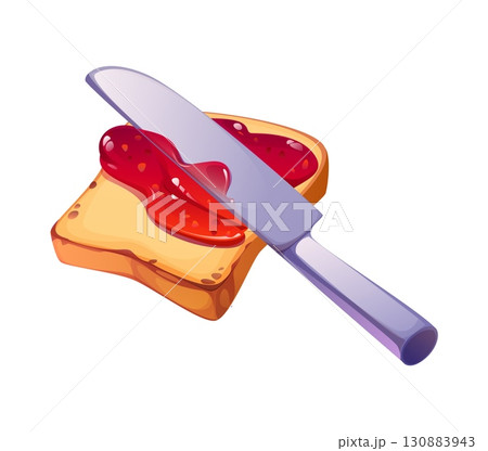 Cartoon slice of toast with strawberry jam being spread by a silver butter knife, featuring vibrant colors and glossy textures, representing cooking process, cook food and kitchen utensil Cartoon slice of toast with strawberry jam being spread by a silver butter knife, featuring vibrant colors and glossy textures, representing cooking process, cook food and kitchen utensil 130883943