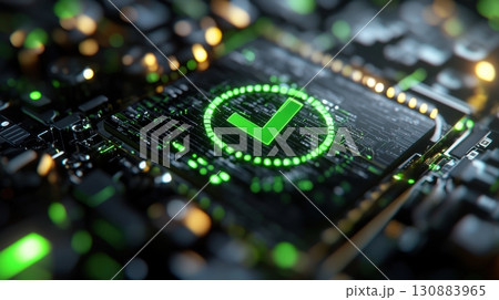 Glowing green checkmark at the center of a horizontal progress checklist with floating tech-inspired interface elements. Survey research answer checklist Glowing green checkmark at the center of a horizontal progress checklist with floating tech-inspired interface elements. Survey research answer checklist 130883965