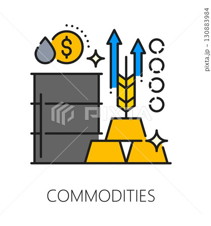 Investment commodities, finance color line icon or symbol. Global trade outline vector pictogram or icon. Commodities investment business thin line symbol with oil barrel, gold bar and wheat ear Investment commodities, finance color line icon or symbol. Global trade outline vector pictogram or icon. Commodities investment business thin line symbol with oil barrel, gold bar and wheat ear 130883984