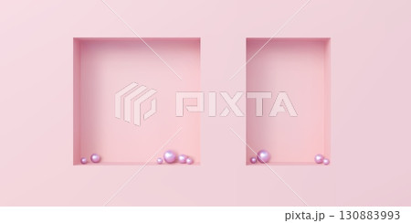 Pink wall 3d niches, shelves or showcases, vector room interior and product display stand. 3d realistic square and rectangular shape wall niches with pink spheres, studio or show room background Pink wall 3d niches, shelves or showcases, vector room interior and product display stand. 3d realistic square and rectangular shape wall niches with pink spheres, studio or show room background 130883993