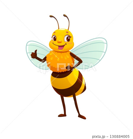 Cartoon cheerful honey bee character with thumbs up gesture and joyful happy expression. Vector adorable cute honeybee, animal insect personage featuring bright yellow and black stripes and wings 130884005