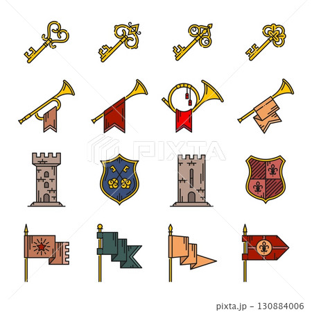 Horn and castle key fortress color heraldry line icons. Medieval linear signs set featuring vintage keys, trumpets with banners, shields and flags. Knight or historical symbols for fantasy games 130884006