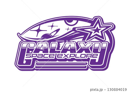 Galaxy space exploration and astronomy vintage Y2K icon or symbol. Cosmos research Y2K vector sign, galaxy outerspace travel symbol. Space discovery element with shooting star or planet and typography 130884019