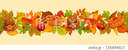 Autumn leaves Thanksgiving pie, pilgrim hat and harvest border frame. Cartoon vector horizontal banner with autumnal foliage, berries, seasonal apple fruits and vegetables for festive fall celebration Autumn leaves Thanksgiving pie, pilgrim hat and harvest border frame. Cartoon vector horizontal banner with autumnal foliage, berries, seasonal apple fruits and vegetables for festive fall celebration 130884023