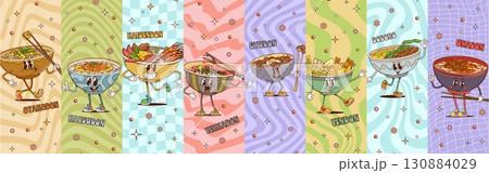 Cartoon groovy Asian cuisine characters collage. Cute Japanese rice bowl dishes like Oyakodon, katsudon, kaisendon and tekkadon, gyudon or tendon, soboro, unadon exude playful Japan food culture vibes 130884029