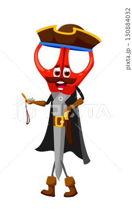 Cartoon scissors school stationery pirate corsair crew character with compass. Isolated vector shears supply tool personage searching treasures with a swashbuckling attitude, ready for daring quests 130884032